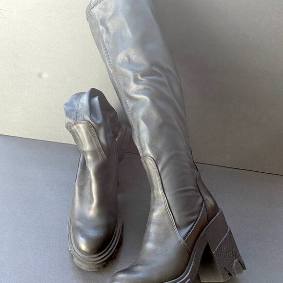 L'intervalle Platform Knee High Stretch Leather Boots Black Combat Chunky - 9 39 - Picture 3 of 12